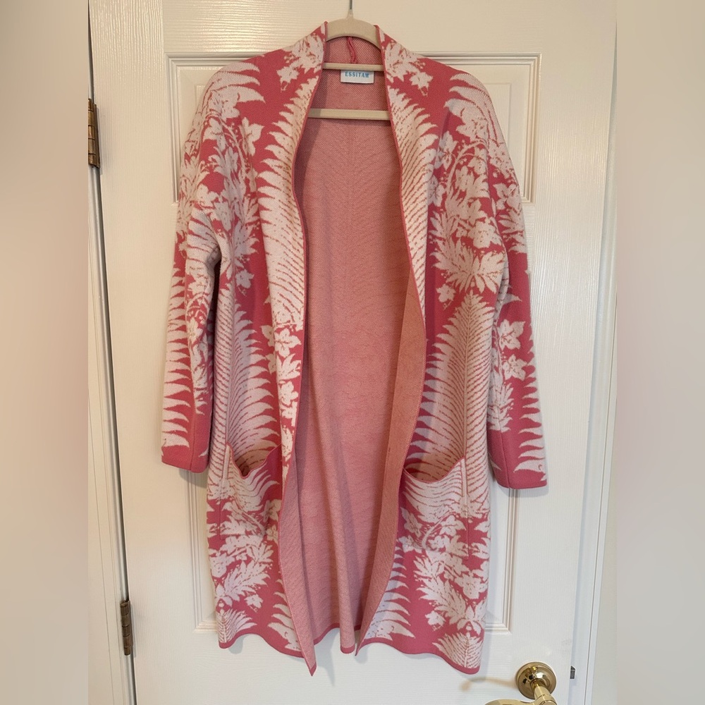 Essitam Pink Tropical Floral Knit Cardigan Duster Sweater